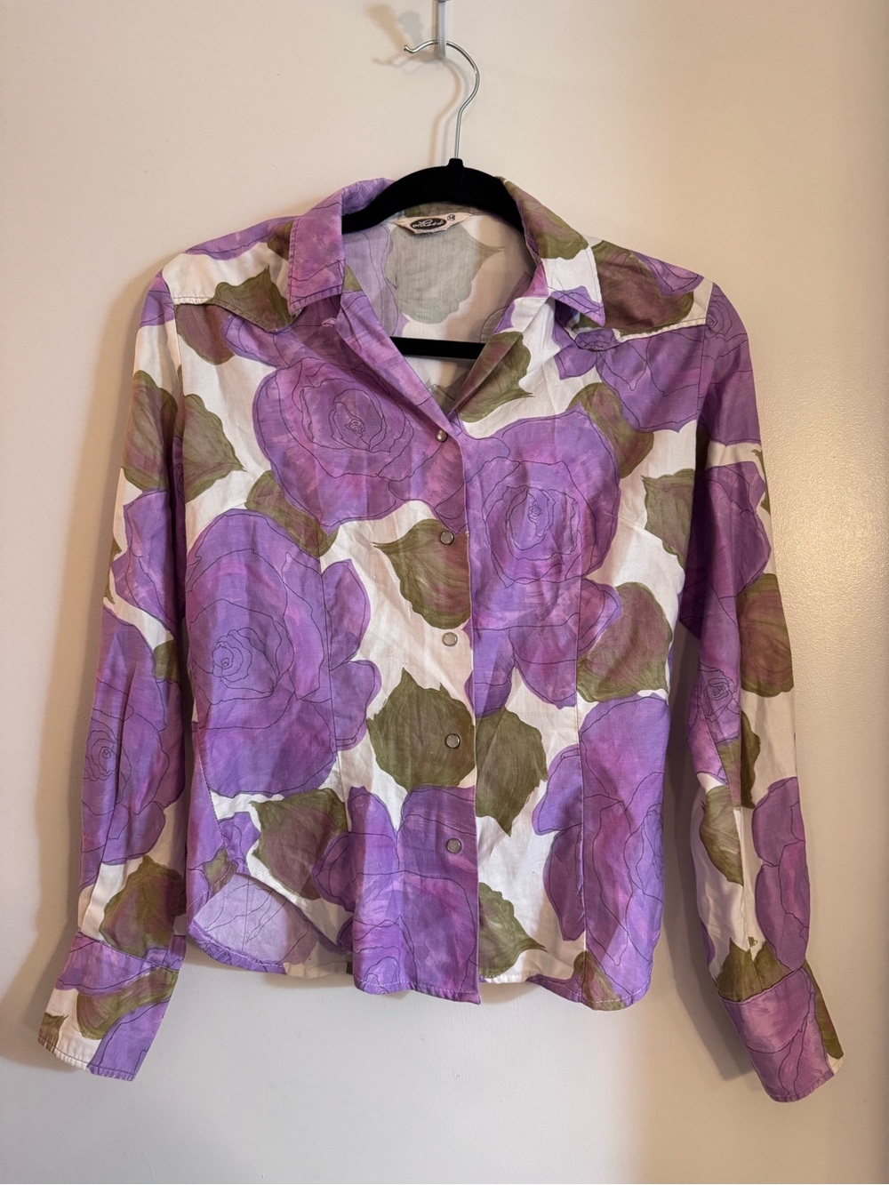 Lasso Vintage Women’s Purple Floral Western Shirt with Pearl Snaps, Size 34